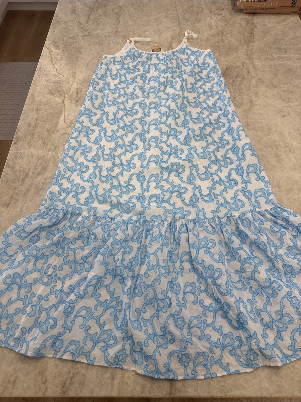 Lilly Pulitzer White Maxi Dress with Light Blue Floral Embroidery